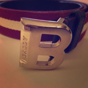 B Buckle Bally Stripe Canvas and Leather Belt